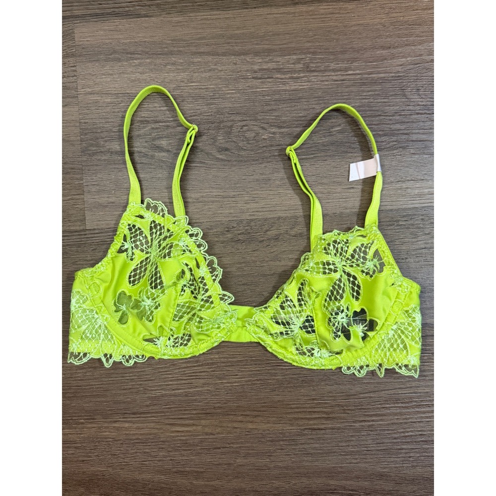 Victorias Secret Neon Green Yellow Lace Unlined Low Cut Demi Bra Underwire 36B
